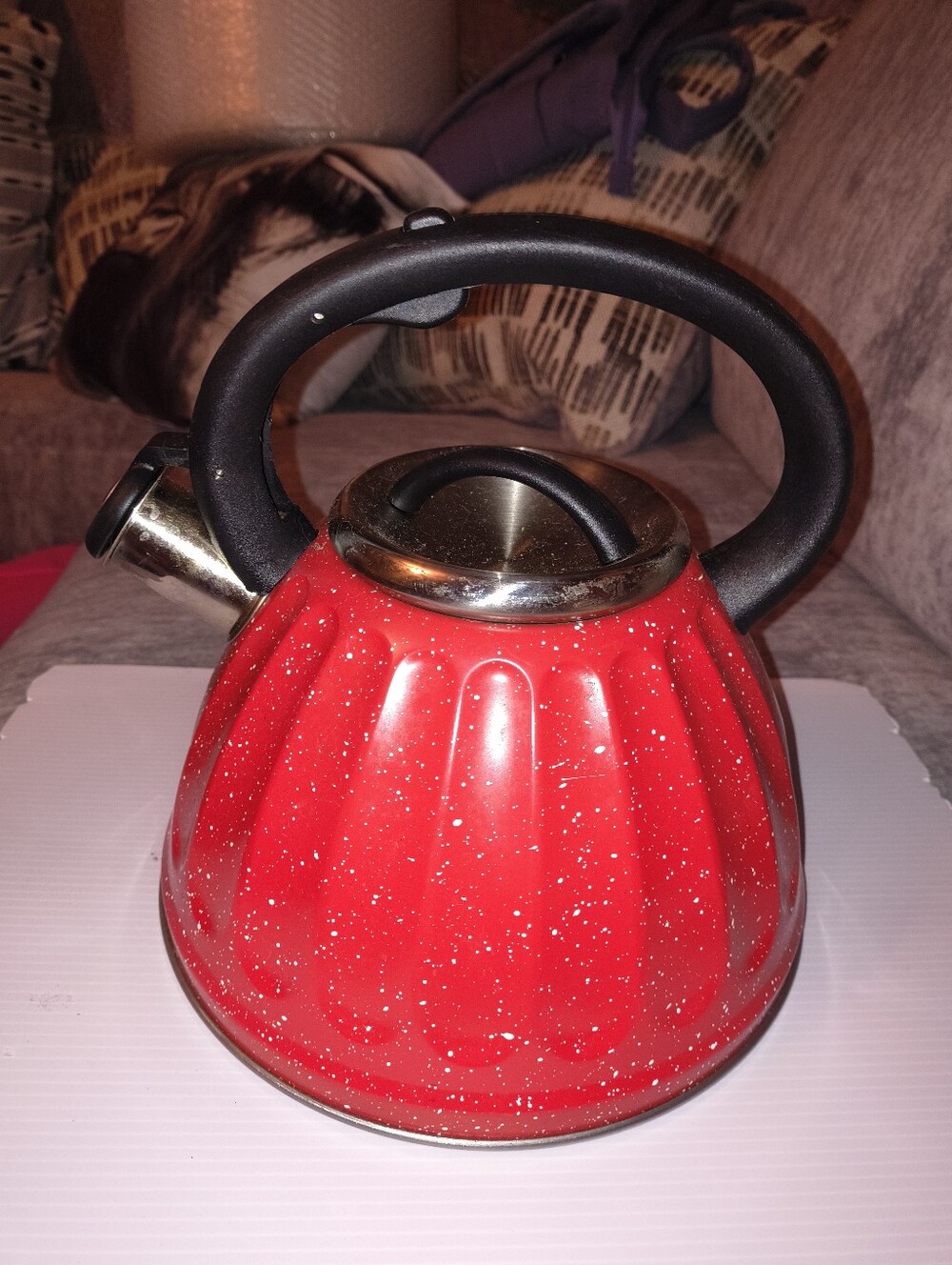 Red Glitter Whistling Tea Kettle with Black Handle Dolly Parton Theme